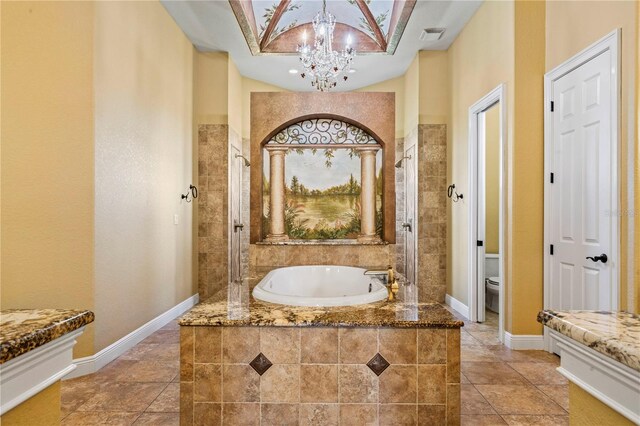 bathroom with toilet, separate shower and tub, tile floors, and an inviting chandelier