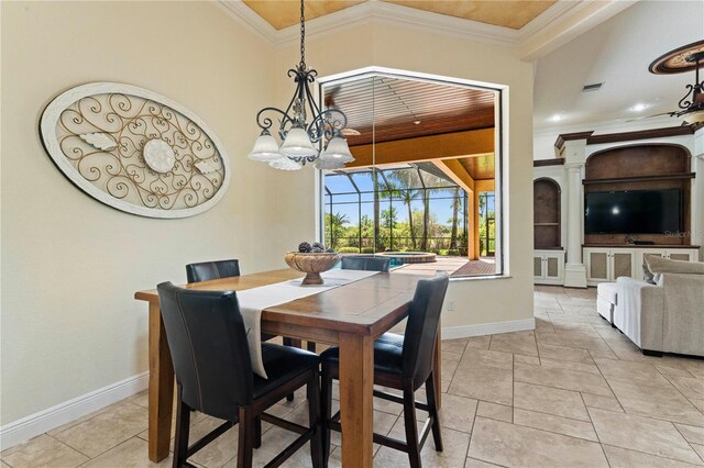 dining room featuring a chandelier, wooden ceiling, ornamental molding, and light tile floors