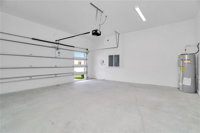 garage with electric panel, electric water heater, and a garage door opener