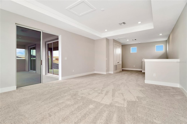 empty room featuring a raised ceiling, plenty of natural light, and light colored carpet