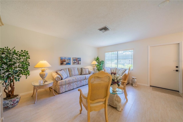 living room with a textured ceiling