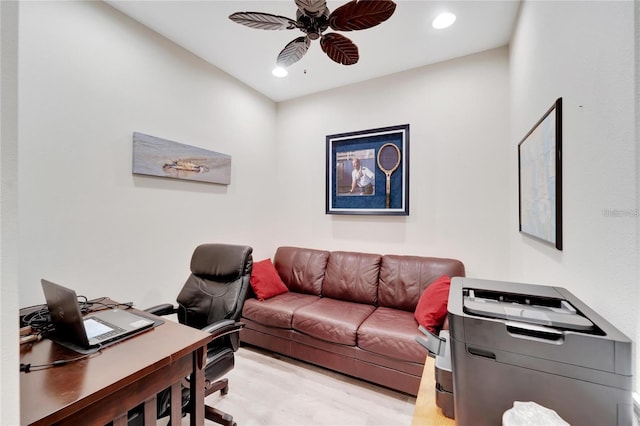 office area featuring ceiling fan and light hardwood / wood-style flooring