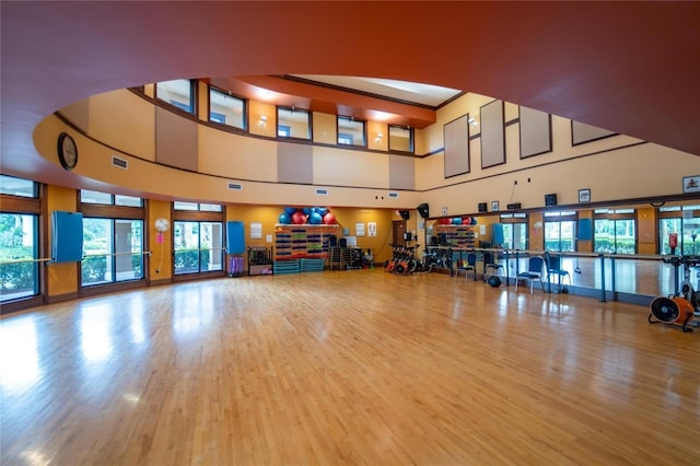 interior space featuring a high ceiling and hardwood / wood-style flooring