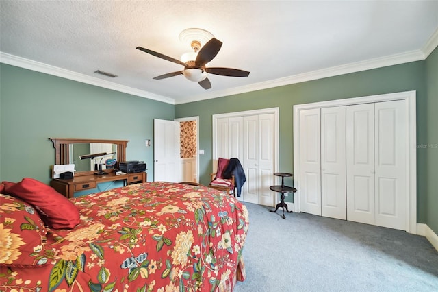 carpeted bedroom featuring crown molding, two closets, ceiling fan, and a textured ceiling