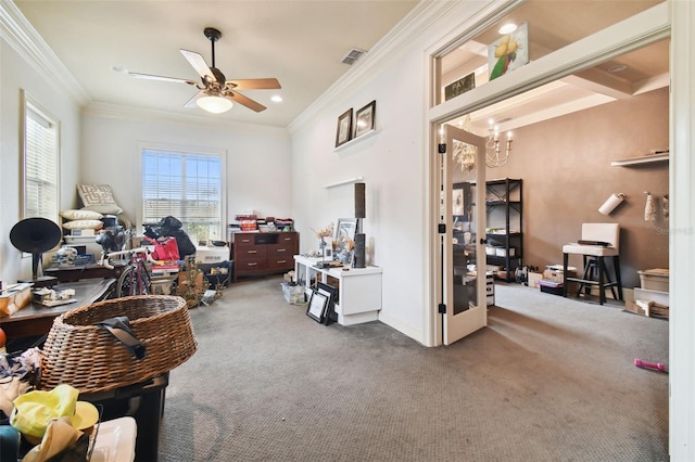 interior space with crown molding, ceiling fan, and carpet floors