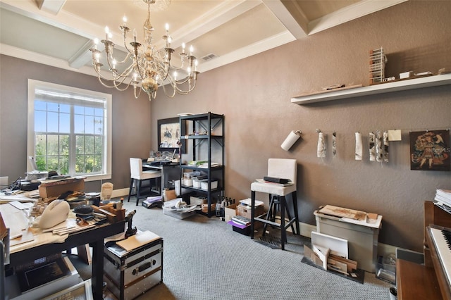 carpeted office space with coffered ceiling, a notable chandelier, and beam ceiling