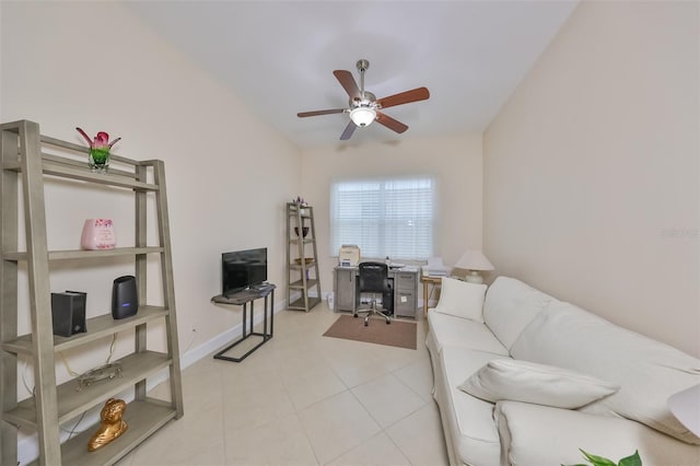 tiled office space with ceiling fan