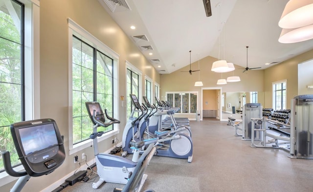 exercise room featuring a high ceiling, a wealth of natural light, and ceiling fan