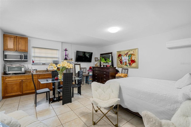 tiled bedroom with a wall mounted AC