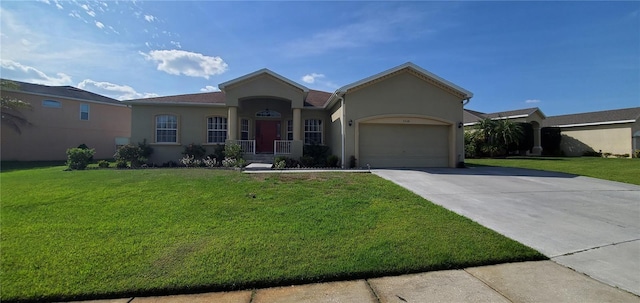 ranch-style house with a front yard and a garage