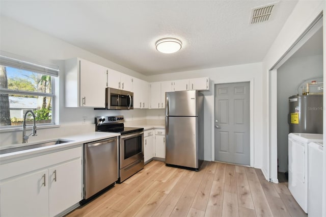 kitchen with light hardwood / wood-style flooring, water heater, stainless steel appliances, and white cabinetry