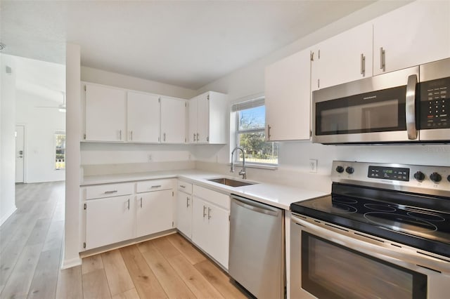 kitchen with white cabinets, sink, ceiling fan, and stainless steel appliances