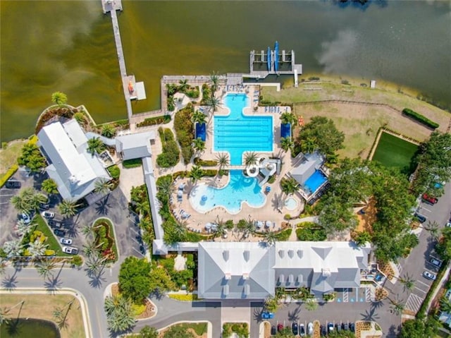 drone / aerial view featuring a water view