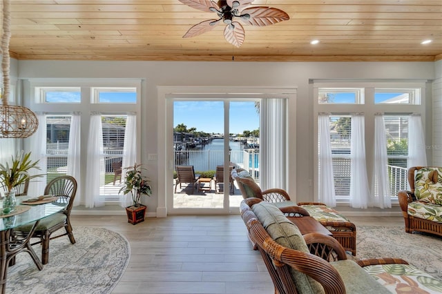 interior space featuring a healthy amount of sunlight, wood ceiling, a water view, and hardwood / wood-style floors