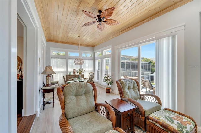 sunroom with wood ceiling and ceiling fan