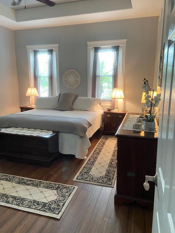 bedroom with a tray ceiling, multiple windows, and dark hardwood / wood-style flooring