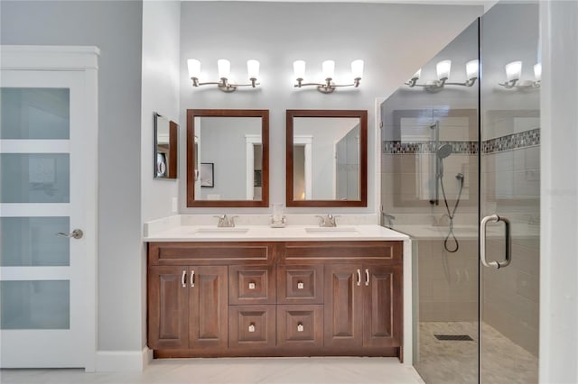 bathroom featuring walk in shower, tile flooring, and double sink vanity