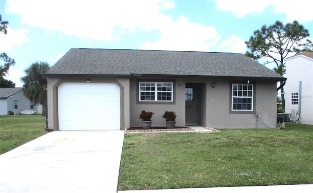 ranch-style home with a garage, central air condition unit, and a front yard