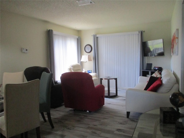 living room with wood-type flooring and a textured ceiling