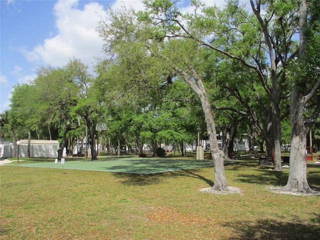 surrounding community featuring a yard and basketball court