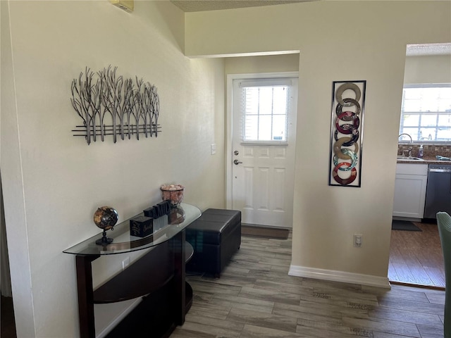 doorway to outside with sink and light hardwood / wood-style floors