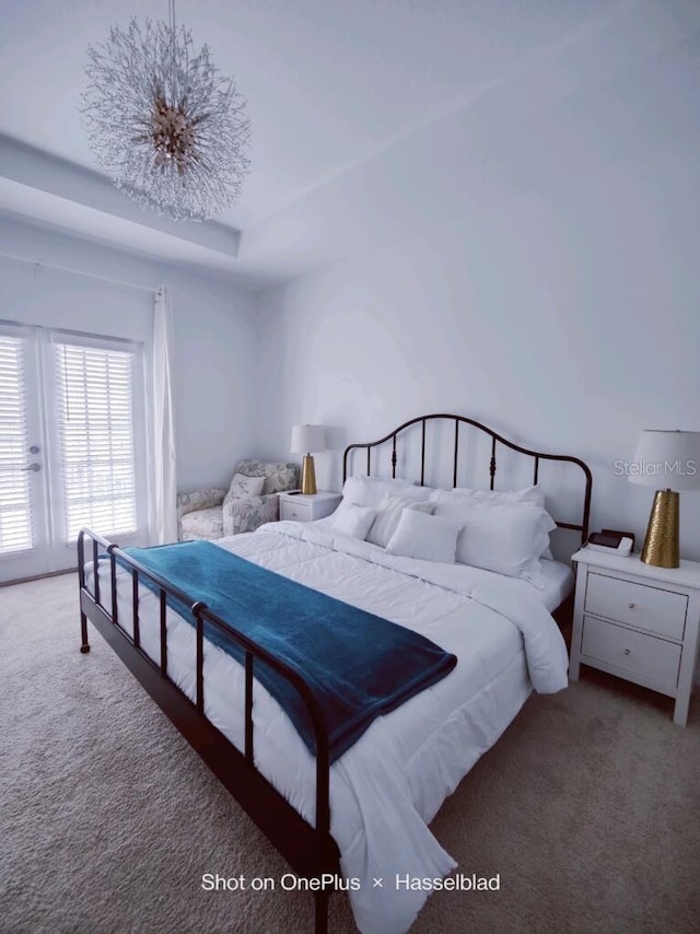 carpeted bedroom with a tray ceiling