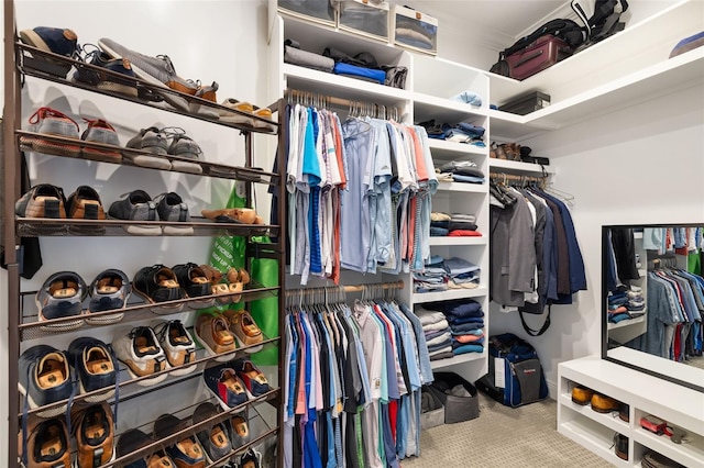 walk in closet featuring carpet flooring