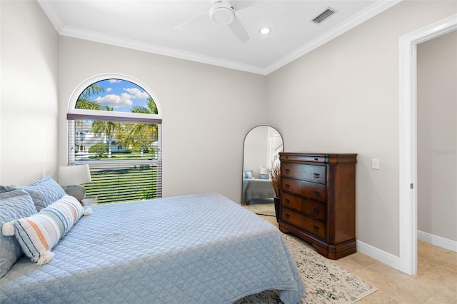 tiled bedroom with ceiling fan and ornamental molding