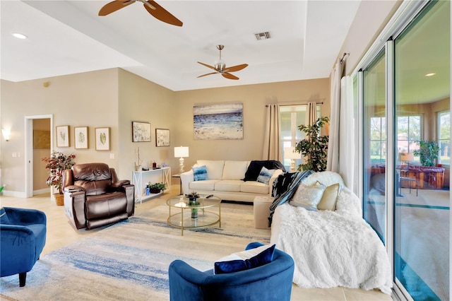 living room featuring ceiling fan