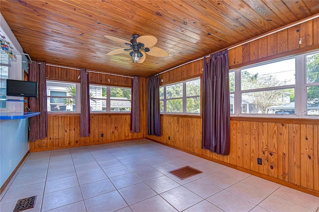 unfurnished sunroom with wood ceiling, ceiling fan, and plenty of natural light