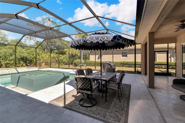 exterior space featuring ceiling fan