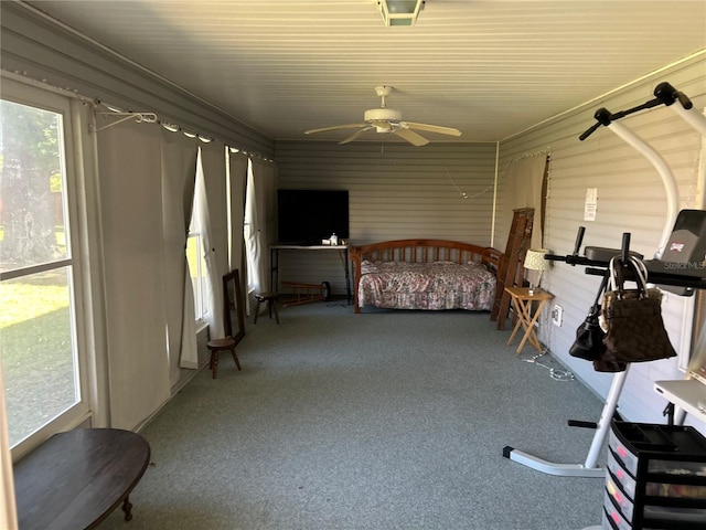 bedroom featuring carpet floors and ceiling fan