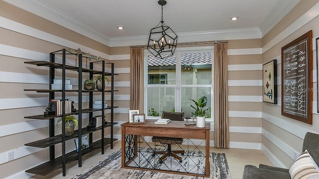 office featuring ornamental molding, light hardwood / wood-style floors, and a notable chandelier