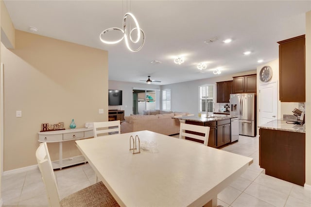 dining room featuring light tile patterned floors, recessed lighting, visible vents, baseboards, and a ceiling fan