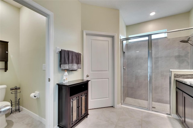 bathroom featuring a shower stall, toilet, and tile patterned floors