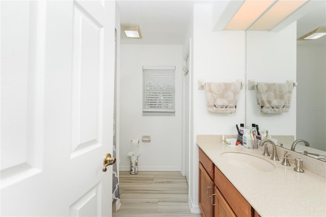 bathroom featuring wood-type flooring and oversized vanity