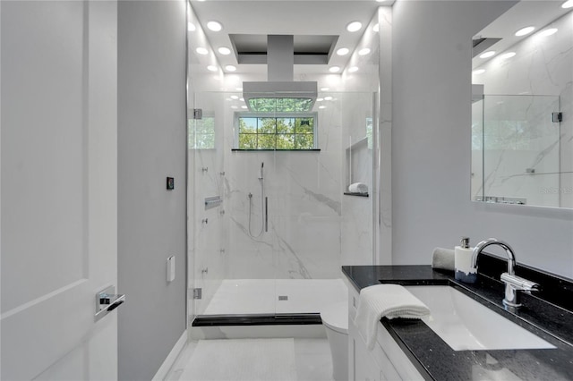 bathroom with tile flooring, vanity, an enclosed shower, and toilet