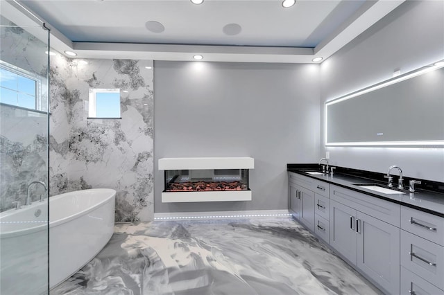 bathroom featuring double sink vanity and tile floors