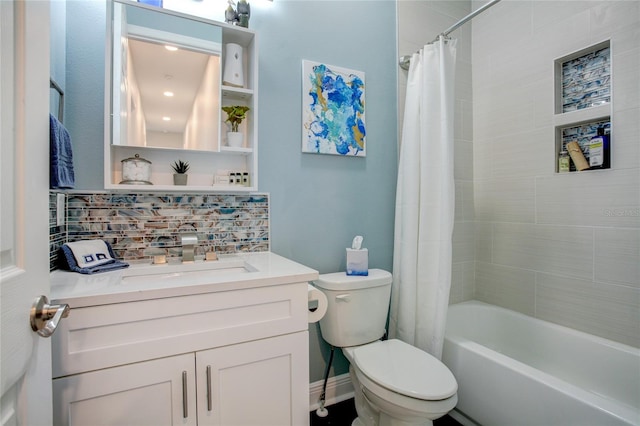 full bathroom featuring backsplash, toilet, shower / tub combo with curtain, and oversized vanity