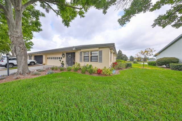 ranch-style house with a front lawn and a garage