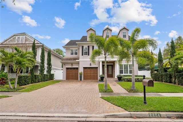 view of front of property featuring a front lawn and a garage