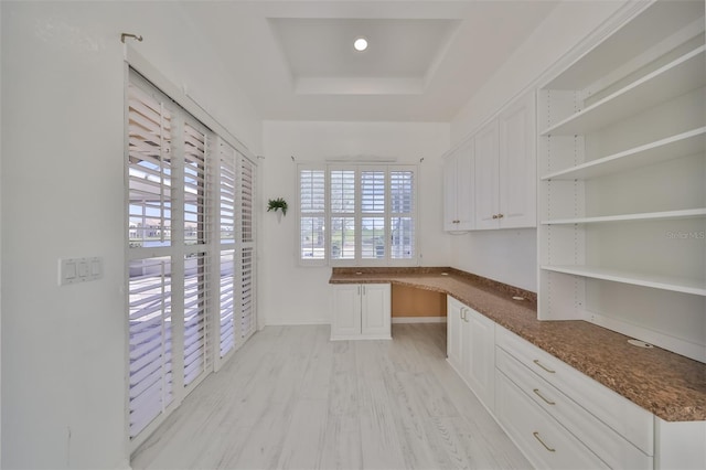 unfurnished office with a tray ceiling and light wood-type flooring