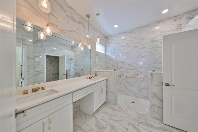 bathroom featuring tile walls, an enclosed shower, tile floors, and vanity with extensive cabinet space