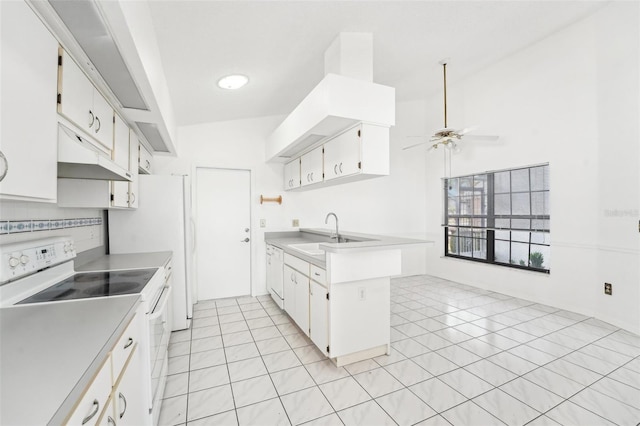 kitchen featuring white cabinets, white appliances, ceiling fan, and sink