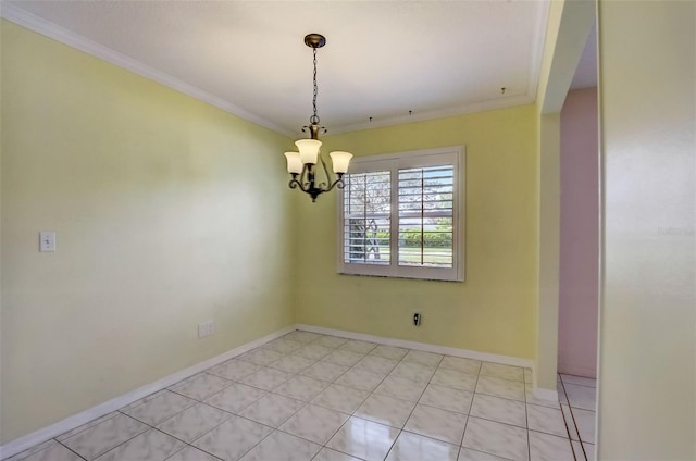 tiled empty room featuring crown molding and a chandelier