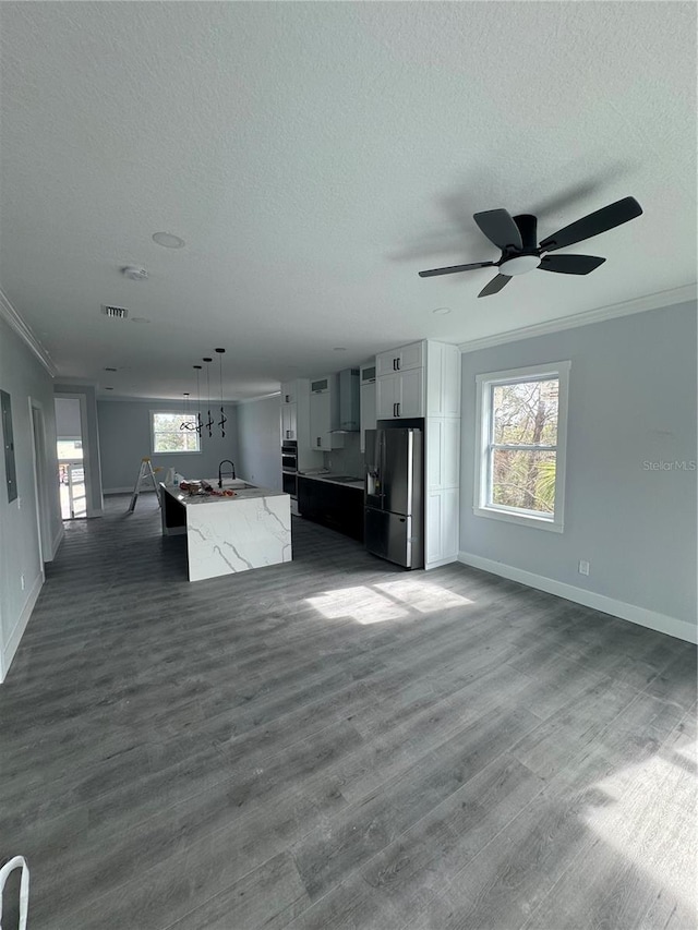 unfurnished living room featuring ornamental molding, dark wood-style flooring, a sink, and a wealth of natural light