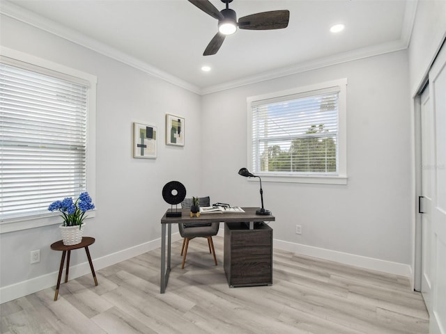 3380 Holly Springs Dr, Hernando Beach, FL 34607 - office space featuring light wood finished floors, ornamental molding, ceiling fan, and recessed lighting