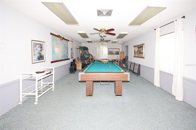 playroom with light carpet, billiards, and ceiling fan