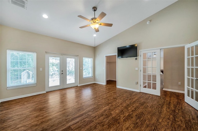 unfurnished room featuring french doors, dark hardwood / wood-style floors, high vaulted ceiling, and ceiling fan