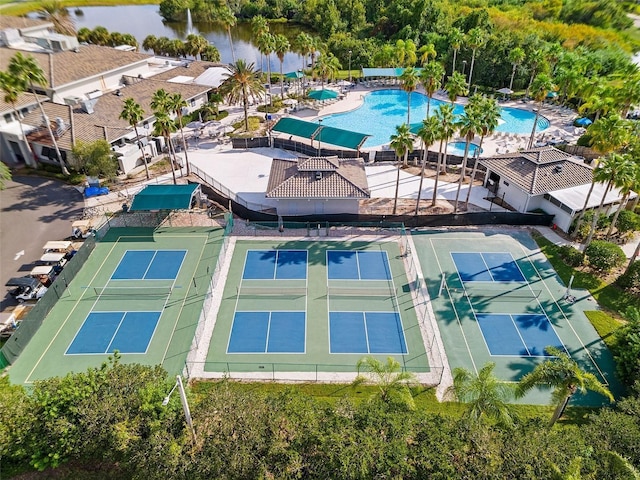 bird's eye view with a water view